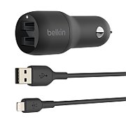 DUAL USB-A CHARGER CAR/W/LIGHTNING CABLE 1M 24W BLACK