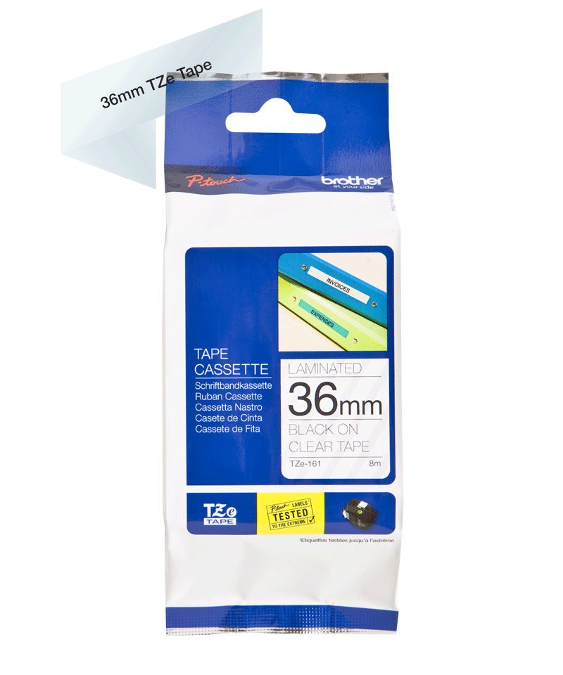 TZE-161 TAPE 36 MM - LAMINATED/8M BLACK ON COLORLESS