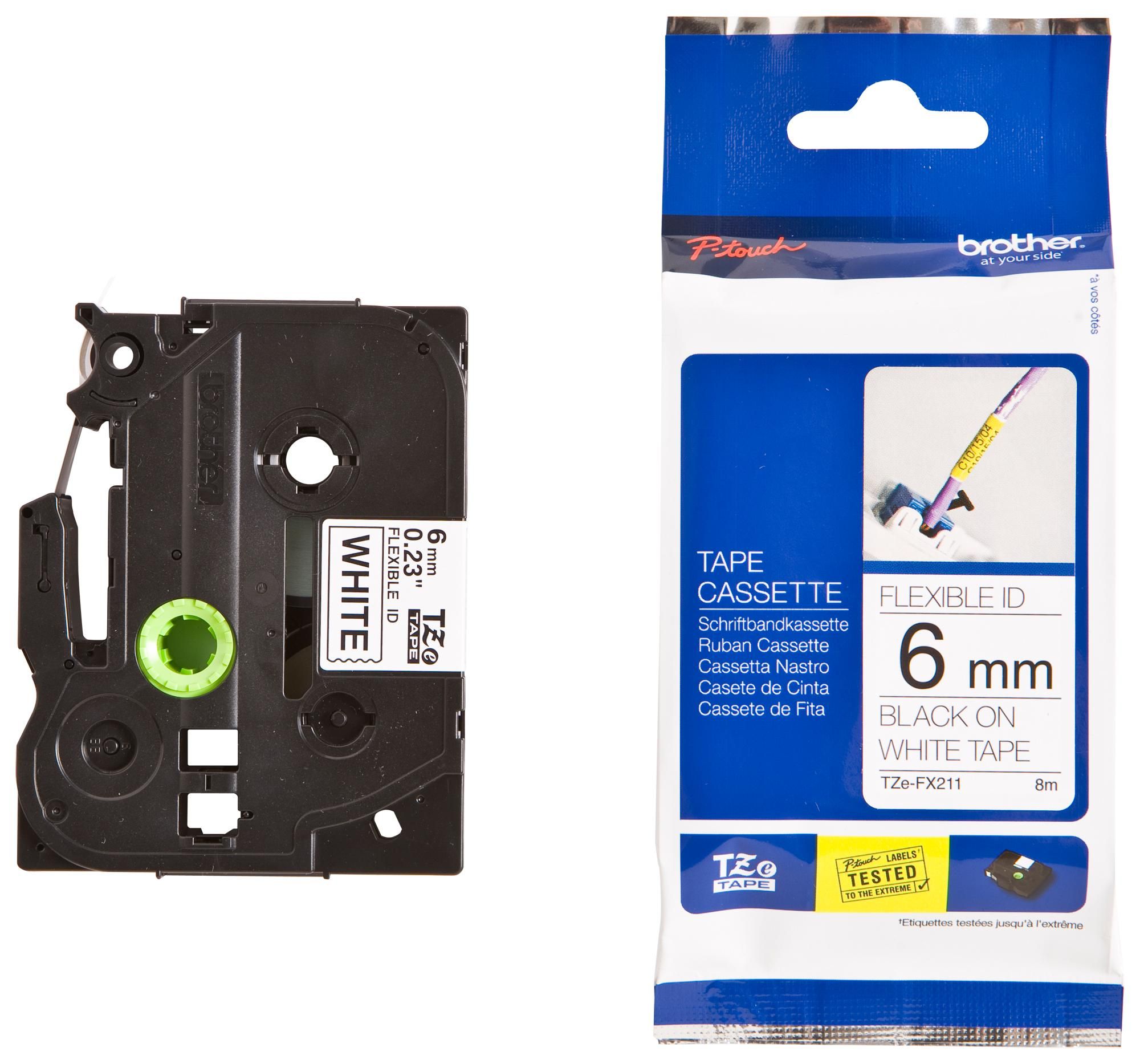 TZE-FX211 FLEXI-TAPE LAMIN. 6MM/8M BLACK ON WHITE