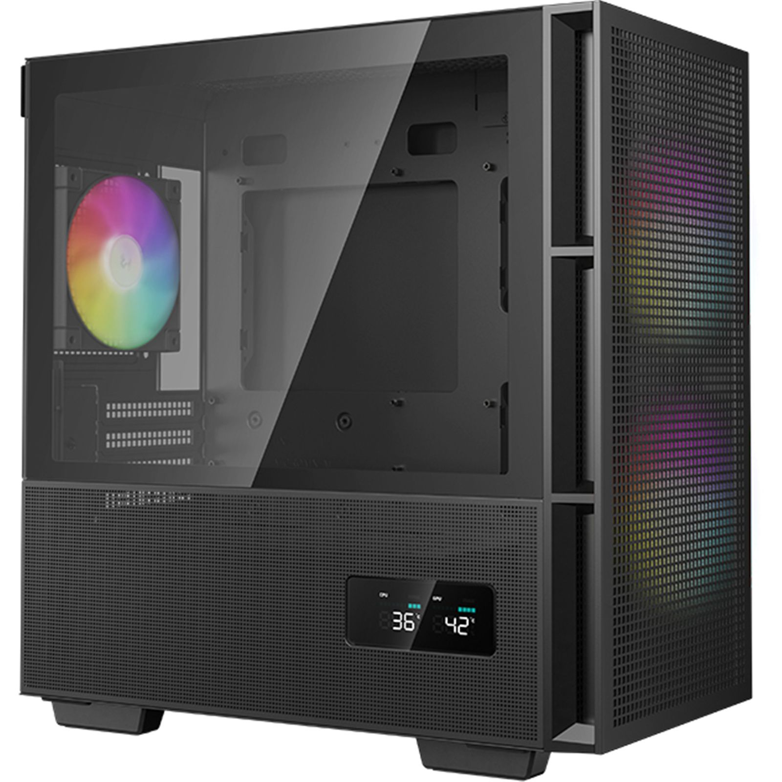 CARCASA DeepCool  CH360 DIGITAL , Mini Tower, ATX, fara sursa, 3xfan, USB 3.2 gen 1 x 1, USB 2.0 x 2, audio, PSU shroud, 4 sloturi expansiune, iluminare ARGB, negru,  R-CH360-BKAPE3D-G-1  (timbru verde 0.24lei)