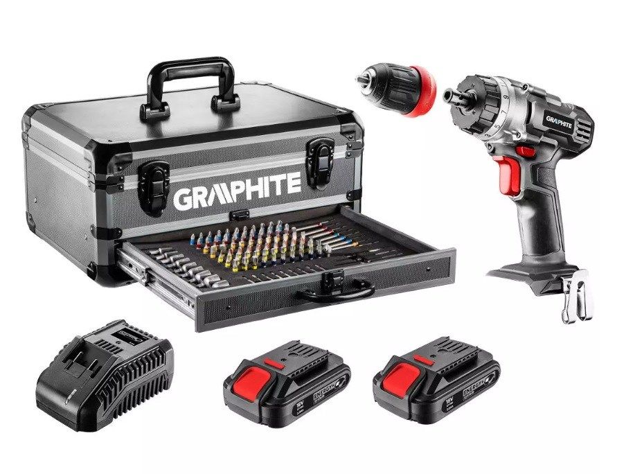 Graphite Energy+ set in aluminum case: drill/driver with removable chuck  2 2.0Ah batteries  charger and 109 accessories