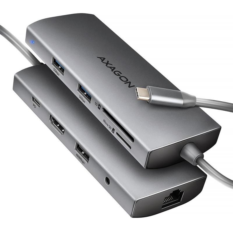 AXAGON HMC-8HLSA USB-C 3.2 Gen 1 Multiport Hub  3x USB-A + 4K/60Hz HDMI + SD/microSD  Gigabit LAN  Audio  PD 100W - Silver