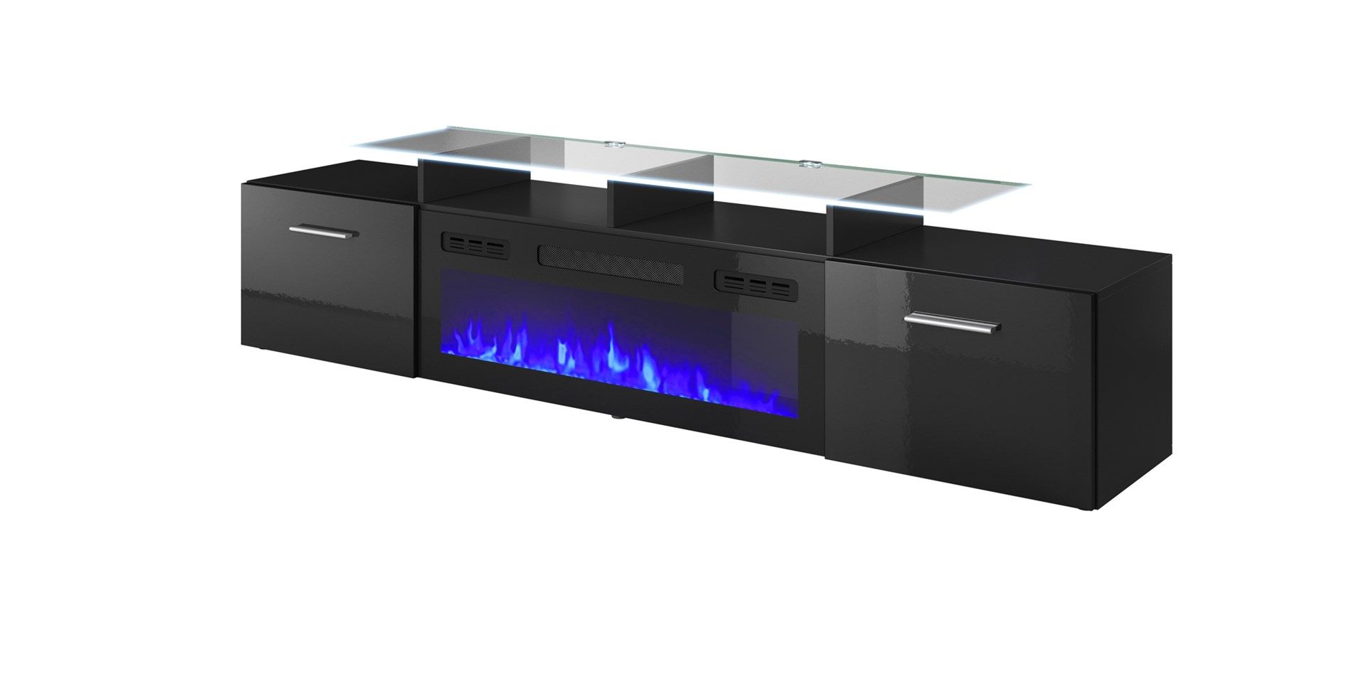 RTV cabinet ROVA with electric fireplace 190x37x48 cm black/black gloss