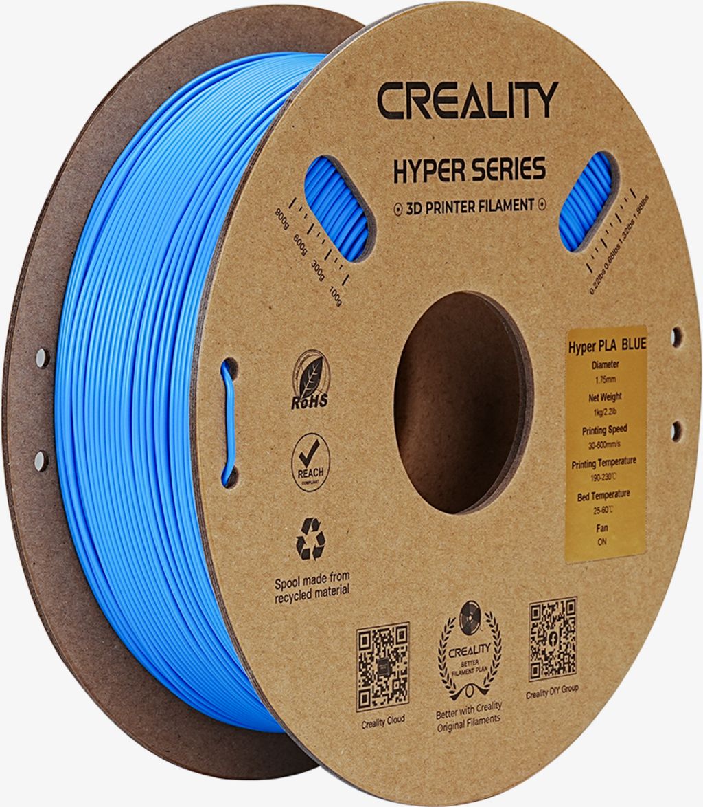 CREALITY HYPER PLA 3D Printer Filament, Blue, Temperatura printare: 200-220 grade celsius, Diametru filament: 1.75mm, Tensile strength: 52.99MPa, Bending strenght:92.38Mpa Dimensiuni rola filament: Diametru 200mm, inaltime 70mm, gaura centrala 56mm, viteza printare: pana la 600mm/s,