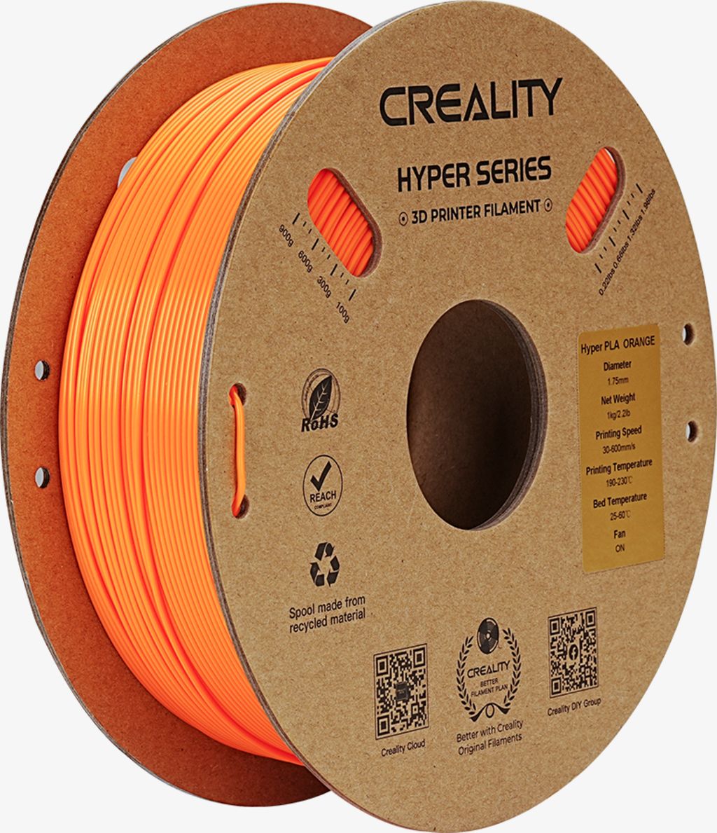 CREALITY HYPER PLA 3D Printer Filament, Orange, Temperatura printare: 200-220 grade celsius, Diametru filament: 1.75mm, Tensile strength: 52.99MPa, Bending strenght:92.38Mpa Dimensiuni rola filament: Diametru 200mm, inaltime 70mm, gaura centrala 56mm, viteza printare: pana la 600mm/s,
