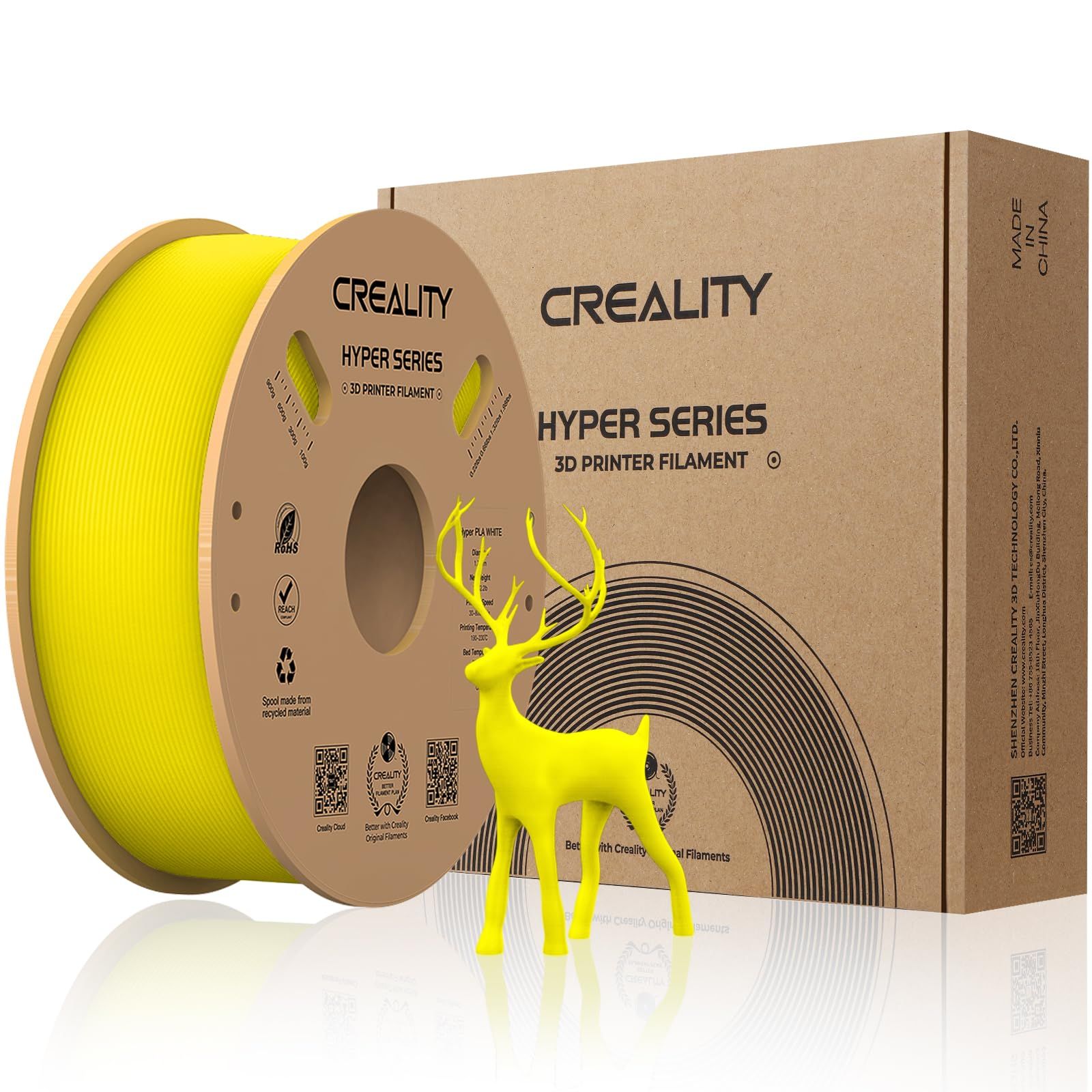 CREALITY HYPER PLA 3D Printer Filament, Yellow, Temperatura printare: 200-220 grade celsius, Diametru filament: 1.75mm, Tensile strength: 52.99MPa, Bending strenght:92.38Mpa Dimensiuni rola filament: Diametru 200mm, inaltime 70mm, gaura centrala 56mm, viteza printare: pana la 600mm/s,