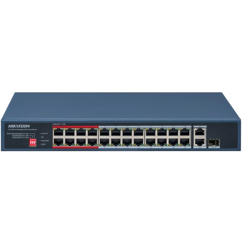 Hikvision Switch Hikvision DS-3E0326P-E/M(C) 24 Port Fast Ethernet Unmanaged POE Switch Intelligent PoE Management When the power supply exceeds the limit, PoE ports intelligently manage the power supply, which extends the switch lifetime. Up to 300 m Long Range PoE Transmission The distance between IPCs and
