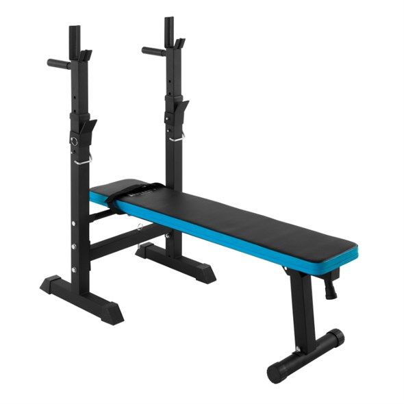 Adjustable straight weight bench with REBEL ACTIVE stands