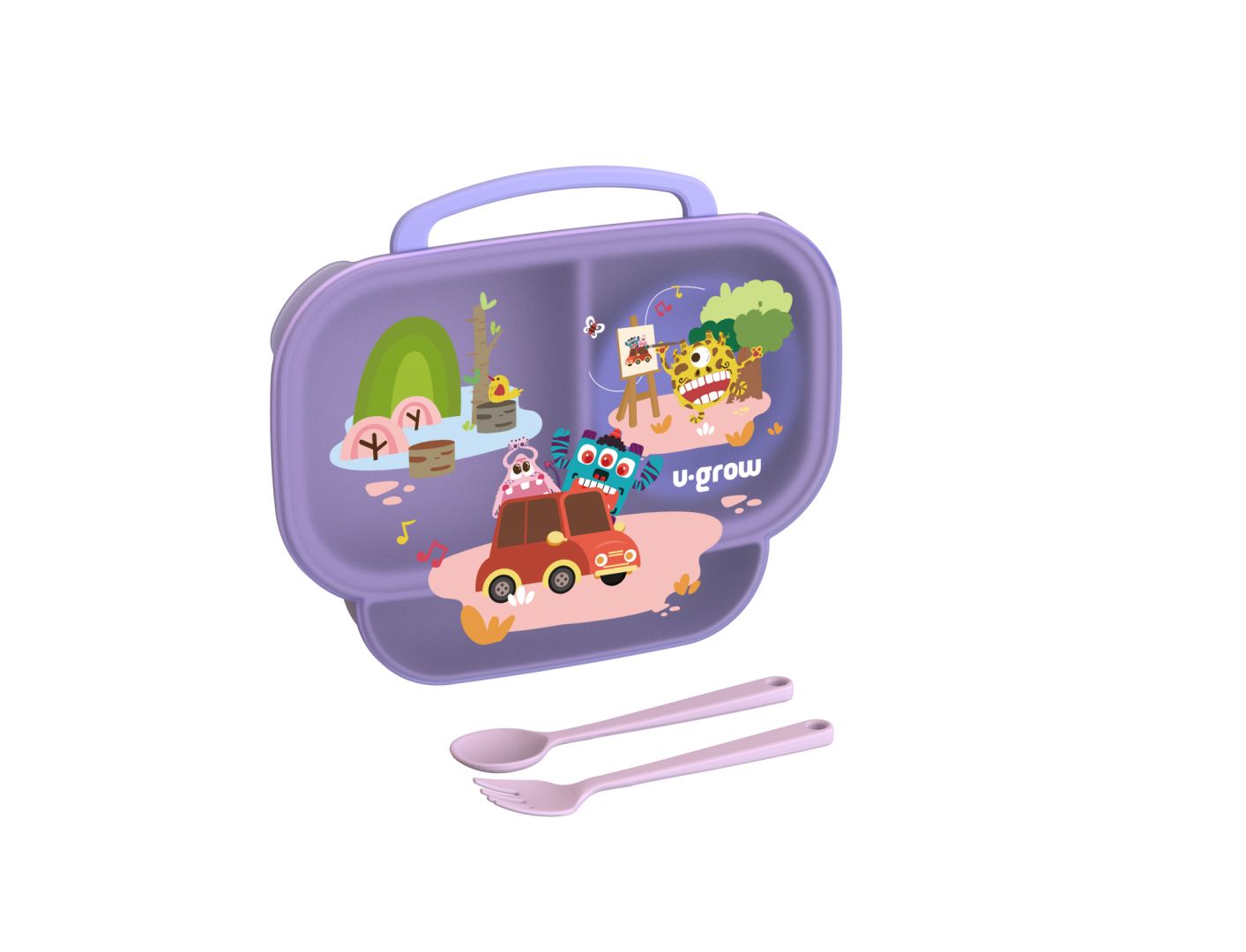 Farfurie compartimentata cu capac si lingurita si furculita, mov, U-Grow