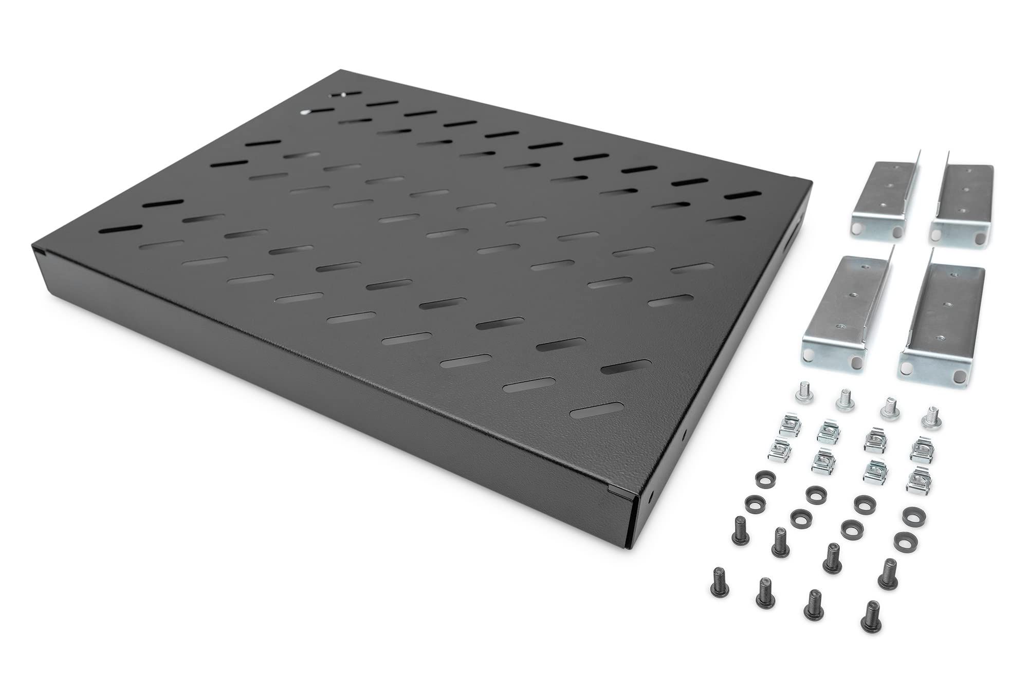 Fixed shelf 19   1U  depth 550 mm  load capacity 25 kg  mounting at 4 points  grey  screws and bracket in set.