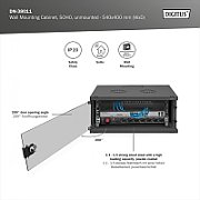 Wall-mounted network cabinet 19  4U  SOHO 241 x 540 x 400 mm  door glass  black  unfolded  60kg