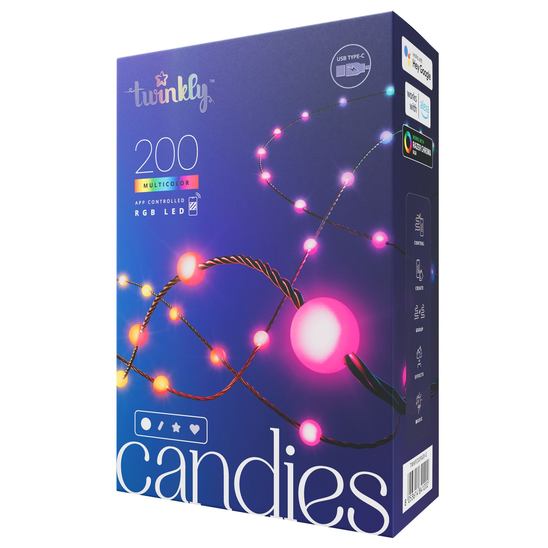 Twinkly Candies – 200 Lampki w kształcie pereł RGB LEDs  zielony przewód  USB-C