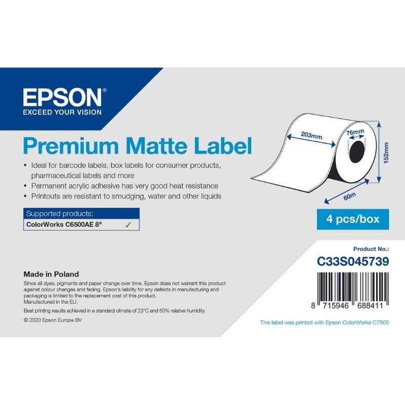 PREMIUM MATTE LABEL CONTINUOUS/ROLL 203MMX60M