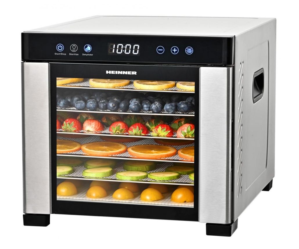 FOOD DEHYDRATOR HEINNER PRODRY ESSENTIAL HFD-KD600SS, 550-650W, LED DISPLAY & DIGITAL CONTROL, 6 STAINLESS STEEL TRAYS, MESH SHEET, FRUIT ROLL SHEET, UV FUNCTION, TEMPERATURE: 35-75C, TIMER: 30 MIN - 24H, OVERHEATING PROTECTION, STAINLESS STEEL DECORATIONS