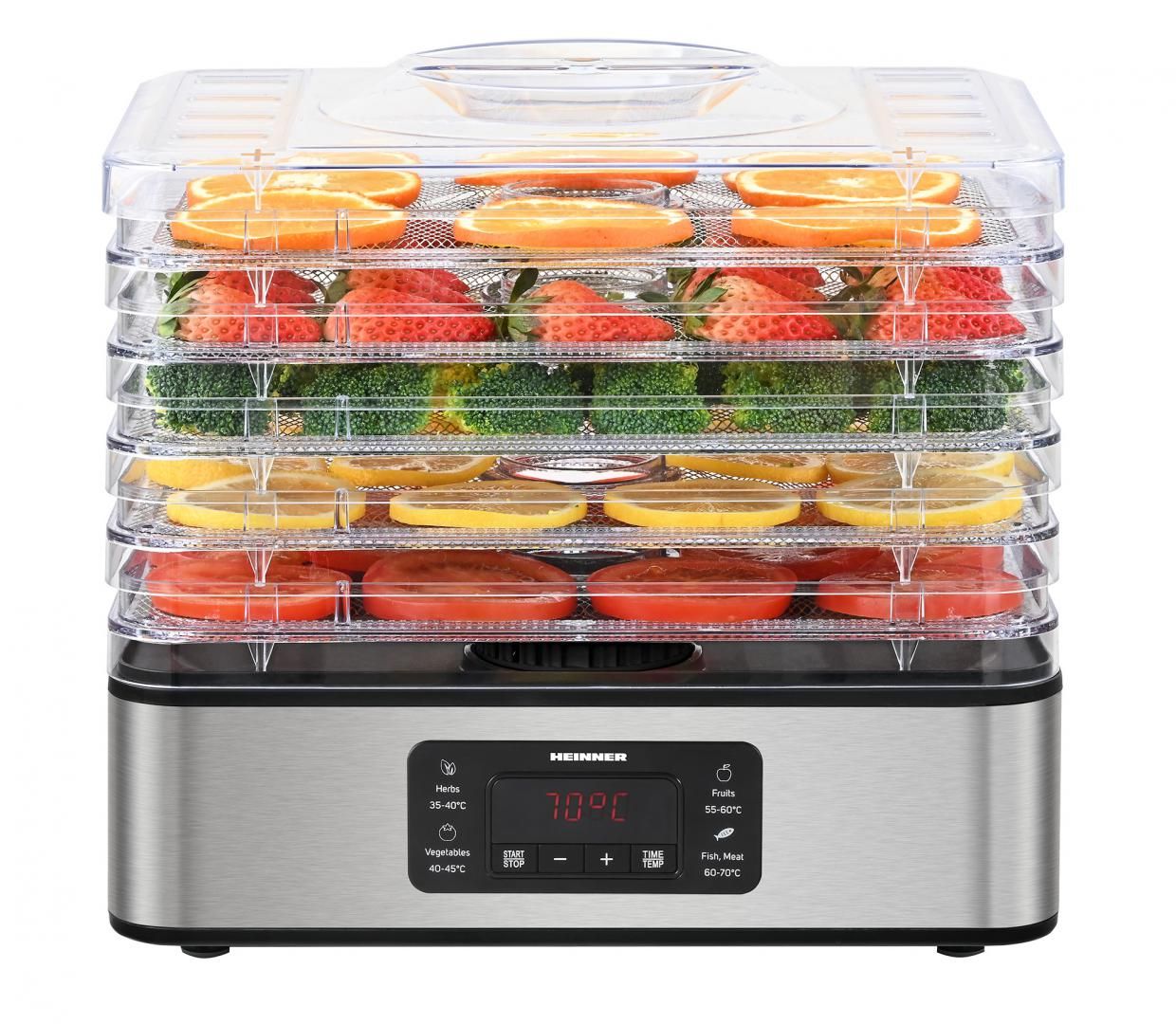 FOOD DEHYDRATOR HEINNER DRYMASTER PRO HFD-K400SS, 200-400W, LED DISPLAY & ELECTRONIC CONTROL, 5 STAINLESS STEEL TRAYS, FRUIT ROLL SHEETS, TEMPERATURE: 35-70C, TIMER: 30 MIN - 48H, OVERHEATING PROTECTION, HEIGHT ADJUSTEMENT, STAINLESS STEEL DECORATIONS