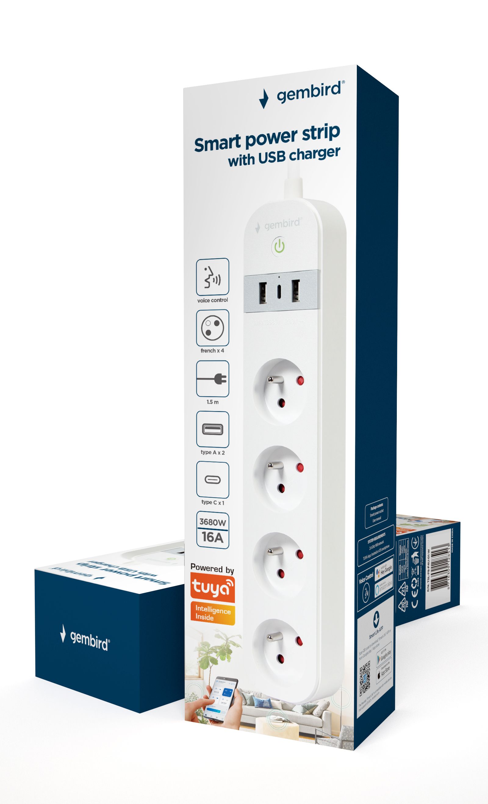 Gembird TSL-PS-F4U-01-W Smart power strip 4 AC outlet(s) Type F 1.5 m 3 3680 W White