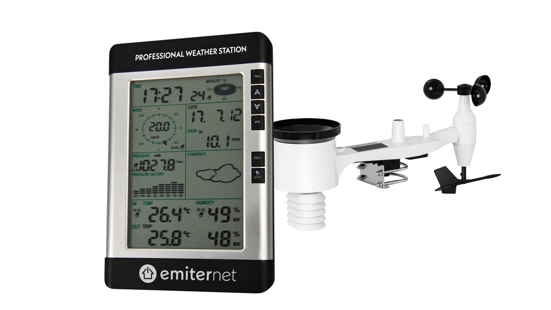 Weather station with wireless LCD display. The station's clock is controlled by the DCF 77 radio signal. The range of the sensors in open space is 100 meters. All data is displayed on an easy-to-read LCD display.
