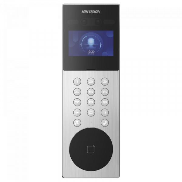 Videointerfon de exterior IP cu recunoastere faciala si pin digitala Hikvision DS-KD9203-ME6, recunoaste pana la 5000 imagini faciale, 50000 carduri,10000 utilizatori, deschidere faciala, amprenta si card, configurare remote via web, ecran 4.3-inch colorful LCD, camera video 2 x 2MP HD, comunicare