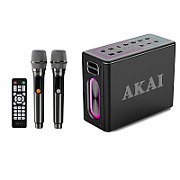 Boxa portabila Akai cu 2 micfrofoane wireless-IPX6-80W, bluetooth 5.3, puterea de emisie a canalului Bluetooth 2dBm, tensiune baterie 11.1V, 4000 mAh, tip baterie litiu ion, putere RMS 80W, cu intrare AUX, intrare chitară/microfon, frecvența microfonului fără fir 70Hz~13KHz, slot pentru microfon cu