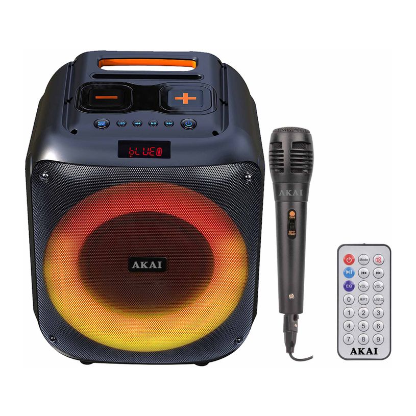 Boxa portabila Akai Bluetooth 5.0, putere RMS 40W, intrare AUX de 3,5 mm, timp de încărcare - aprox. 6 ore, baterie 7.4V, 3600mAh consum de energie 15W, impedanță 2 ohmi (difuzor), raport S/N 60dB, distorsiune 10%, negru