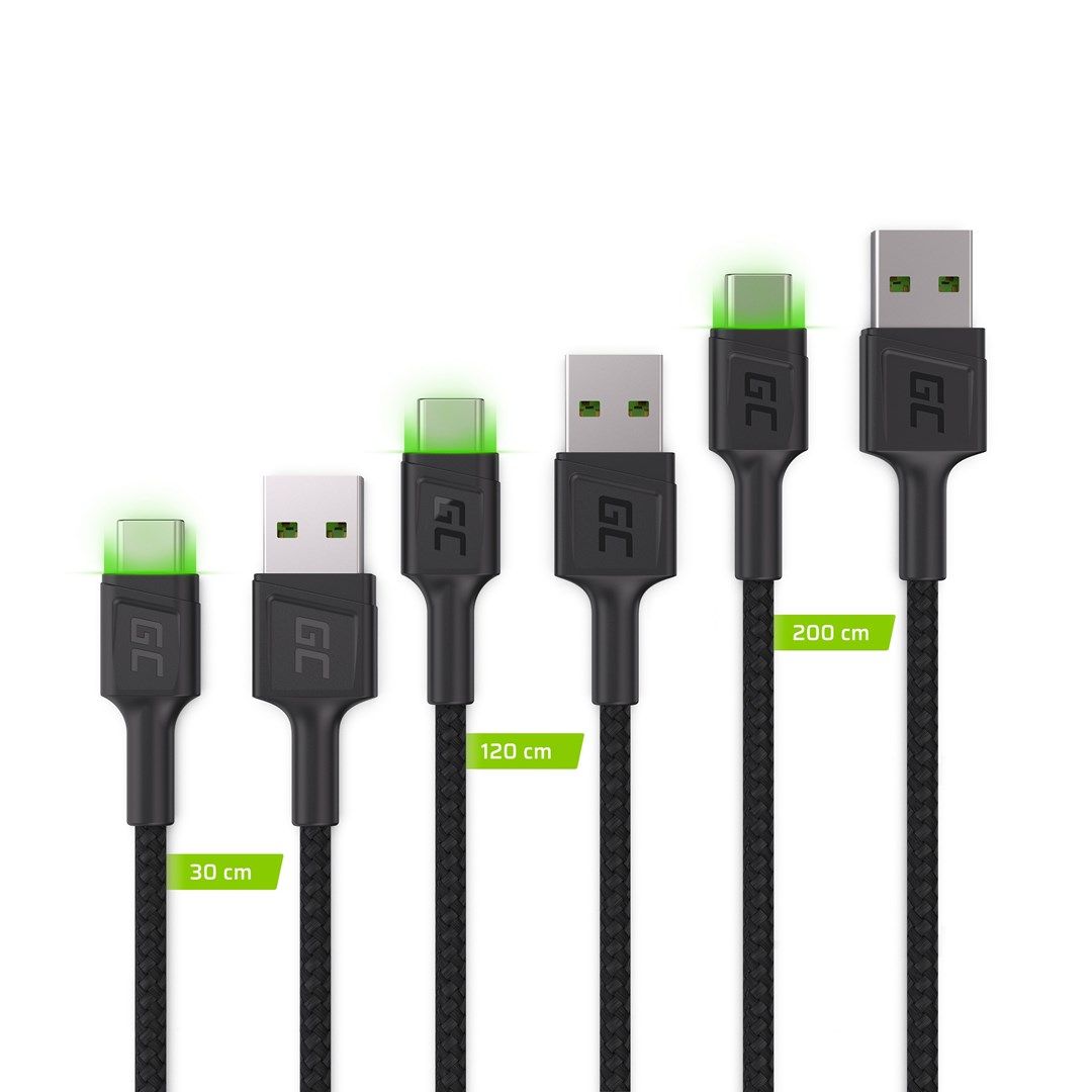 Green Cell Set 3x GC Ray USB-C Cable 30cm  120cm  200cm with green LED backlight  fast charging UC  QC 3.0