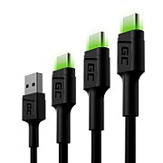Green Cell Set 3x GC Ray USB-C Cable 30cm  120cm  200cm with green LED backlight  fast charging UC  QC 3.0