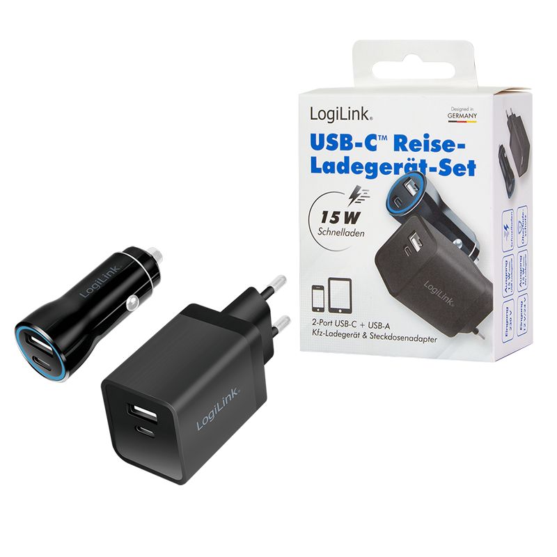 KIT ALIMENTATOR retea 220V + Auto LOGILINK, universal, 1 x USB-C / 1 x USB-A retea, maxim 3A/15W, 1 x USB-C / 1 x USB-A auto, maxim 3A/15W, suport OCP/OVP/SCP, negru,  PA0300  (timbru verde 0.18 lei)