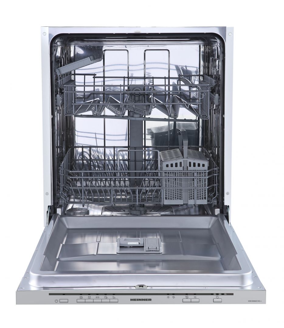 Masina de spalat vase incorporabila Heinner HDW-BIM60514E++, 14 seturi, 5 programe, clasa de eficienta energetica E, control electronic, Half load, pornire intarziata (3/6/9H), Extra uscare, programe: Intensiv, Universal, 90 minute, Rapid, cos superior ajustabil pe inaltime (gol), cos inferior cu 4
