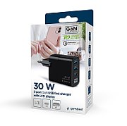 ALIMENTATOR retea 220V GEMBIRD, universal, 1 x USB Type-C D 30W, 2 x USB-A 3.0  QC 18W, LCD display, tehnologie GaN, negru,  TA-UC-PDQC30LCD-BK-02  (timbru verde 0.18 lei)