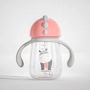 Pachet 3 in 1 cana 260 ml tritan cu 3 accesorii diferite pentru baut : tetina biberon, cioc , pai, dark pink, U-Grow