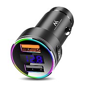 Maclean MCE375 Dual Car Charger with Display Cigarette Lighter Socket Aluminum Voltmeter USB 1x QC 3.0  USB 1x 5V/2.4A  RGB LED