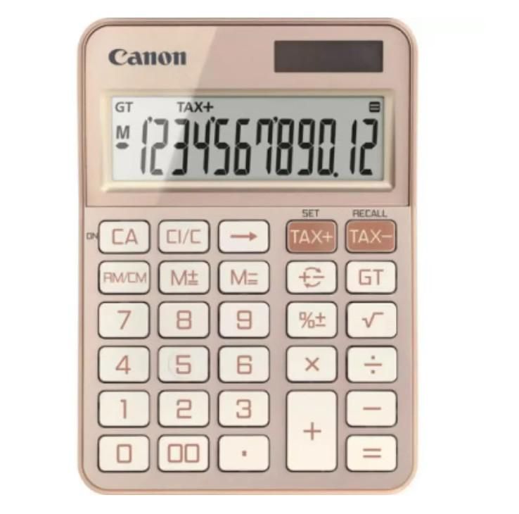    Calculator birou Canon KS-125KB-RG, Rose Gold, 12 digits, 29 keys, dual power Solar+baterie, M+, M-,RM/CM, Tax+, Tax-, Baterie:LR44 x 1pc, Dimensiuni: 147 x 106 x 25mm, Greutate: 116g, Auto power off-7 min.   