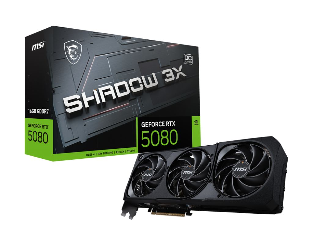MSI Video Card Nvidia GeForce RTX 5080 16G SHADOW 3X OC, 16GB GDDR7, 256bit, Effective Memory Clock: 30000MHz, Boost: 2640 MHz, 10752 CUDA Cores, PCIe 5.0, 3x DP 2.1b, HDMI 2.1b, RAY TRACING, Triple Fan, 1x16pin, 850W Recommended PSU, 3Y