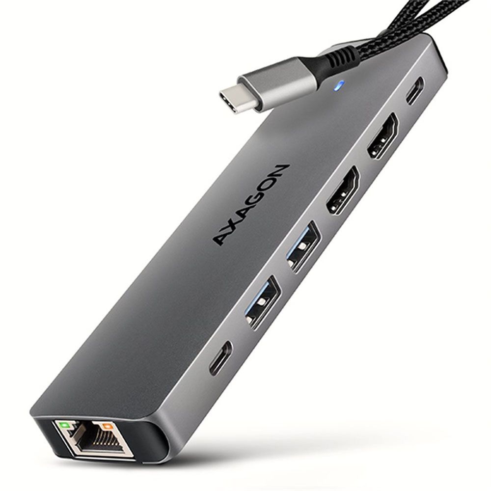 AXAGON HMC-7HX2 USB Hub  2x USB-A  1x USB-C  2x HDMI 2.0  1x RJ45  100W PD – silver