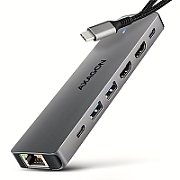 AXAGON HMC-7HX2 USB Hub  2x USB-A  1x USB-C  2x HDMI 2.0  1x RJ45  100W PD – silver