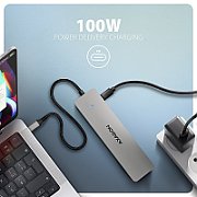 AXAGON HMC-7HX2 USB Hub  2x USB-A  1x USB-C  2x HDMI 2.0  1x RJ45  100W PD – silver