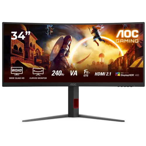 AOC Monitor AOC 34  CU34G4Z, Curvature: 1500R, Diagonal (inch): 34, Diagonal (cm): 87, Aspect ratio: 21:9, Panel: VA, Resolution: 3440x1440, Refresh Rate: 240Hz, Response time GtG: 1ms, Response time MPRT: 0.3ms, Brightness (max): 400 cd/m², Contrast (static) : 3000:1, Contrast (dynamic): 80M:1, Viewing