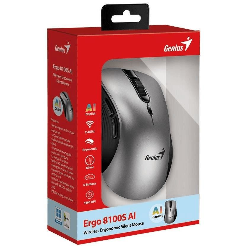 MOUSE Genius,  Ergo  NX-8100S AI , PC sau NB, wireless, 2.4GHz, optic, 1600 dpi, butoane/scroll 6/1, , gri-argintiu,  31030040404  (timbru verde 0.18 lei)