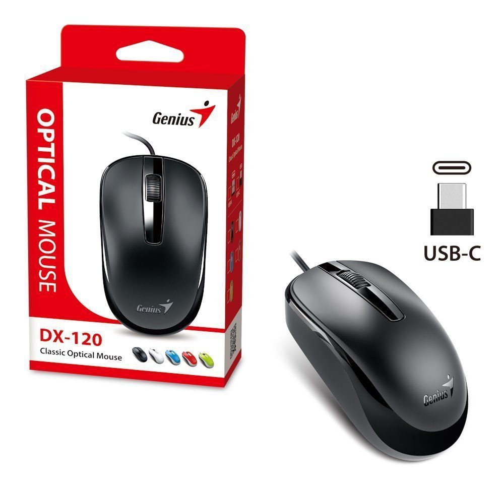MOUSE Genius,  DX-120 , PC sau NB, cu fir, USB-C, optic, 1200 dpi, butoane/scroll 3/1, cablu 1.5m, negru,  31010029401  (timbru verde 0.18 lei)