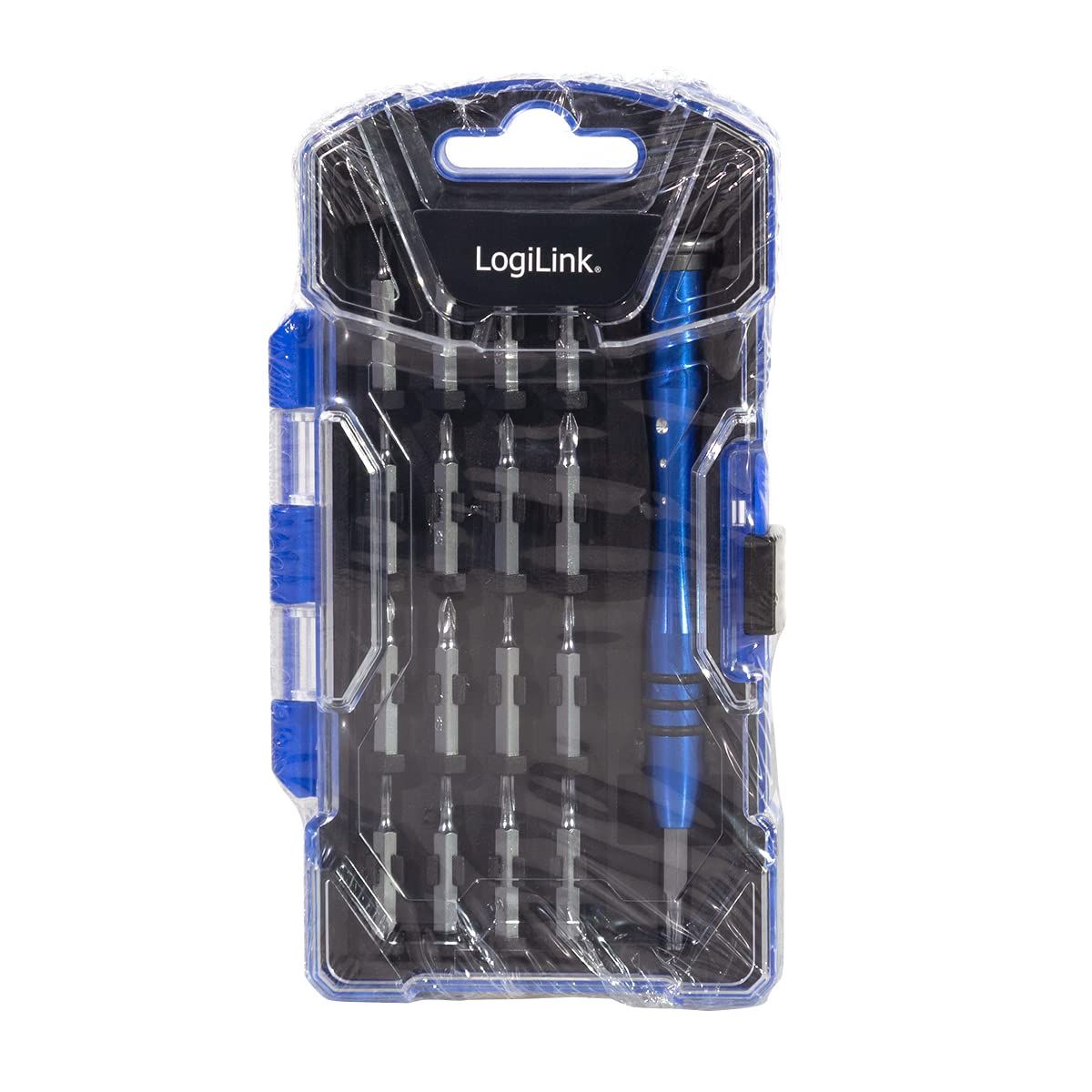 TRUSA scule surubelnite, LOGILINK, set 18 bucati: 17x biti (0.3x1.5mm,0.4x2.0mm,0.4x2.5mm,0.5x3.0mm,PZ0,PZ1,T4,T5,T6,T7,T8,T9,T10,PH000,PH00,PH0,PH1), maner din aliaj,  WZ0056