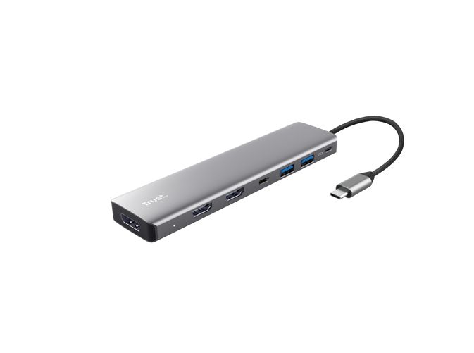 Adaptor Trust Dalyx 7-in-1, 2 porturi interfata USB-A 3.2 gen 1, 1 port USB-C, 2 porturi HDMI, 1 display port, 1 charging port USB-C 100W, led indicator oprit/pornit, lungime cablu 16cm, gri