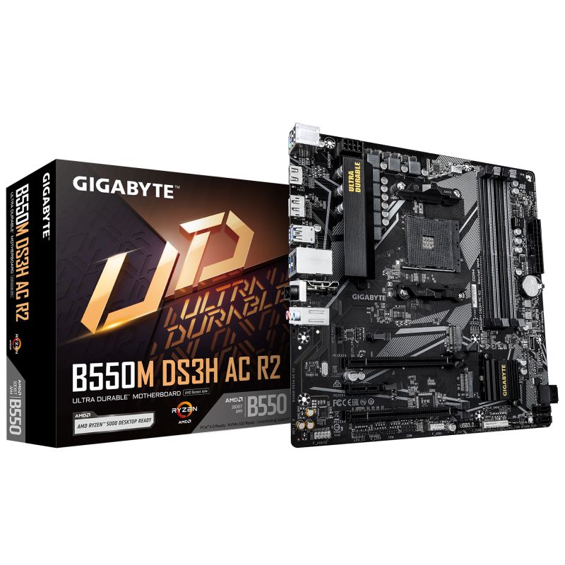 Placa de Baza GIGABYTE B550M DS3H AC R2 AM4, 4x DDR4, 1x DP 1x HDMI, 1x PCIE 4.0 x16 1x PCIE 3.0 x16 1x PCIE 3.0 x1, 2x M.2, 4x SATA 6GB/s, mATX