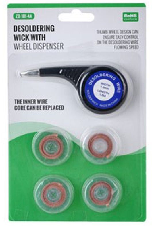 ZD-181-4A Desoldering Braid, 2.0mm Features&ampnbsp

	2.0mm wide&ampnbsp
	1.5m long&ampnbsp
	Copper&ampnbsp
	Flux soaked&ampnbsp
	In convenient wheel dispenser&ampnbsp
	Dispenser has metal tip to avoid heat transfer
	4x reserve

Packing: blister 1 set