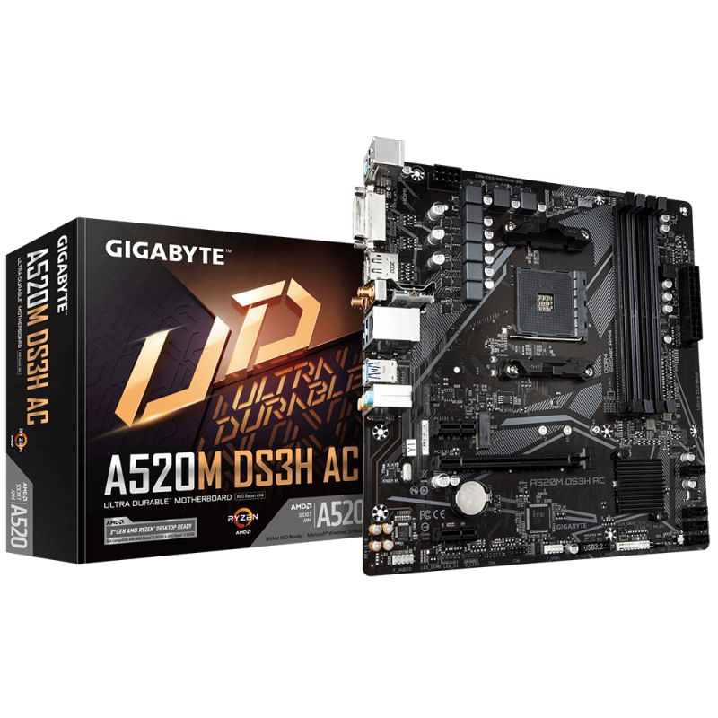 Placa de Baza GIGABYTE A520M DS3H AC AM4, 4x DDR4, 1x PCIE 3.0 x16 2x PCIE 3.0 x1, 1x M.2, 4x SATA 6GB/s, mATX