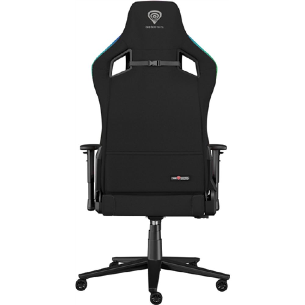 Scaun gaming Genesis TRIT 660, material textil, iluminare RGB, reglabil pe inaltime, greutate maxima suportata 150 kg, inaltime scaun reglabil 45 - 52 cm, spatar ajustabil 160°, dimensiuni roti 60mm,  echipat cu piston cu gaz clasa 4, manere 2D, negru