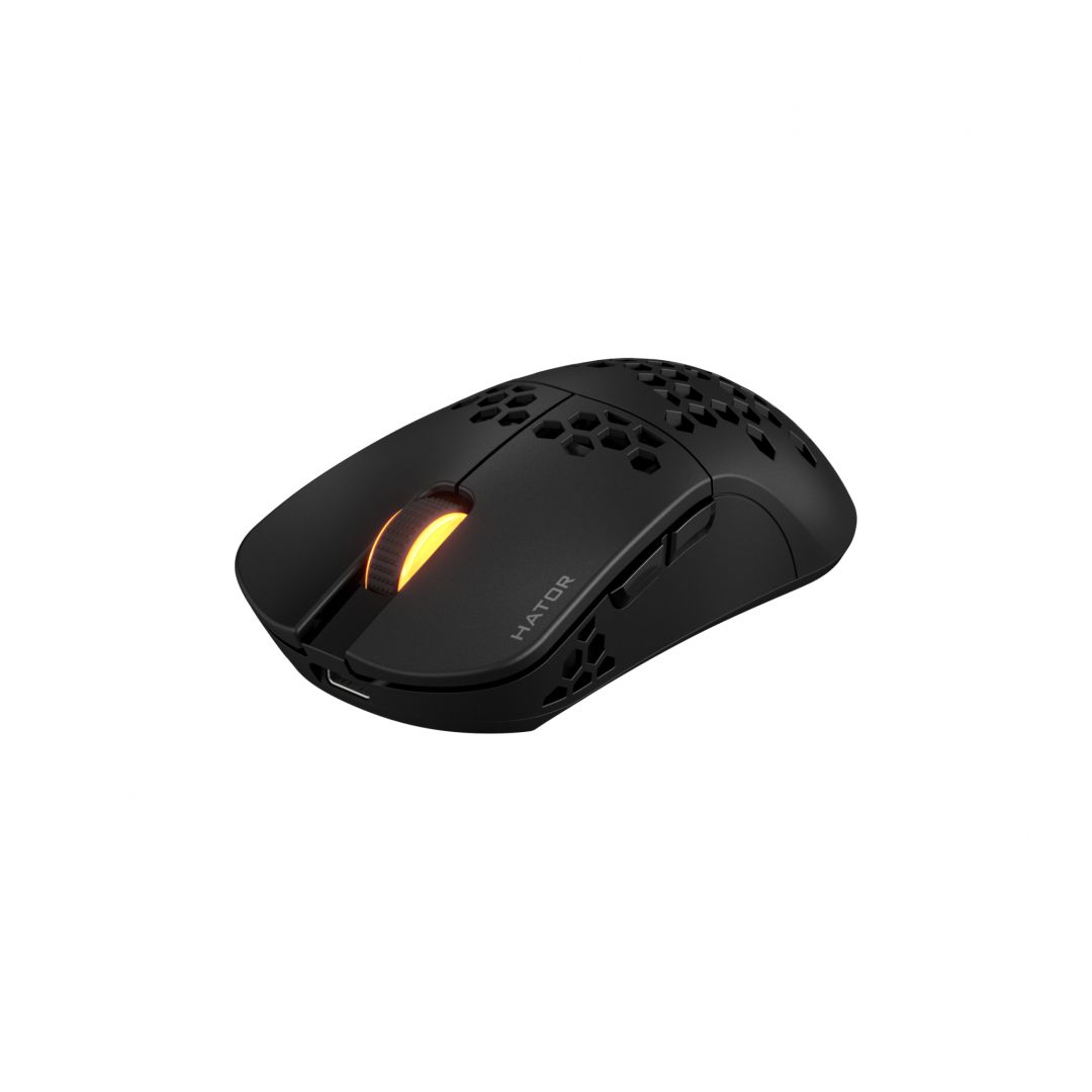 Mouse wireless Hator Stellar Pro, conectivitate 2.4GHz, bluetooth si USB, polling rate pana la 1000Hz, capacitate baterie 300mAh, durata de viata baterie in modul wireless pana la 18 ore (iluminare pornita), pana la 42 de ore (iluminare oprita), timp incarcare 2 ore, tip senzor Optical PixArt 3395