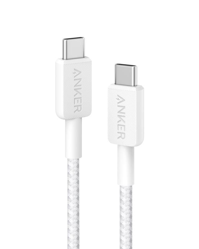 Cablu alimentare si date Anker, USB Type-C (T) la USB Type-C (T), 0.9m rata transfer 480 Mbps, 60W, invelis nylon, braided, alb,  A81F5G21  (timbru verde 0.03 lei) - 0848061019612