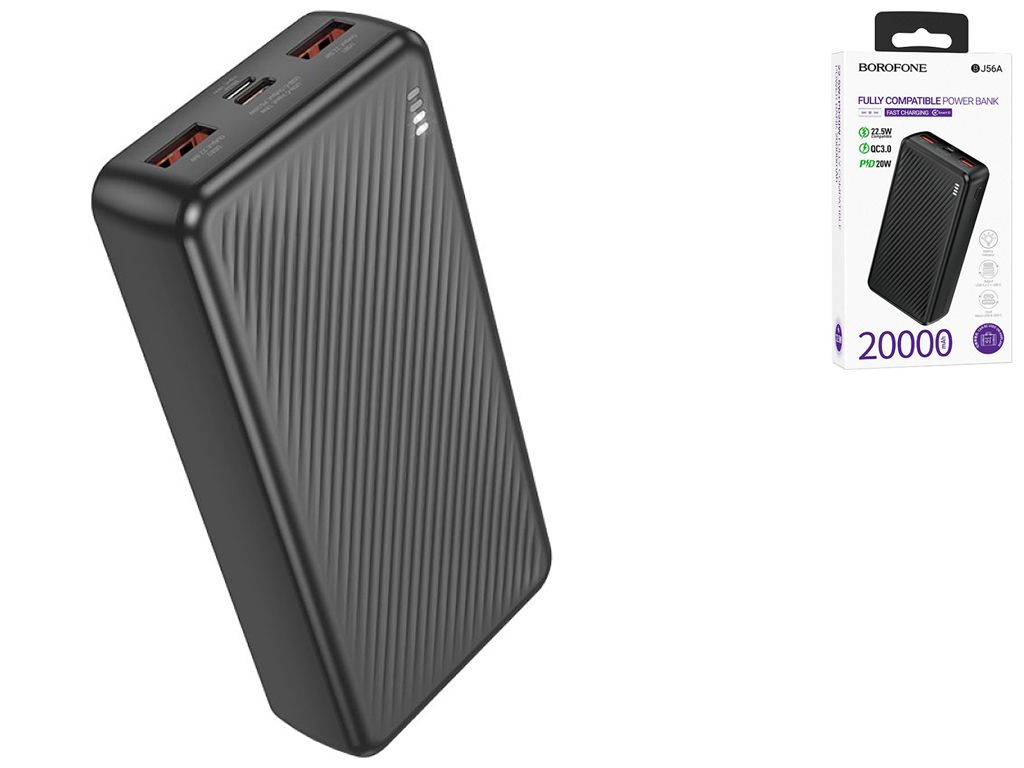 POWER BANK Borofone  BJ56A , 20000mAh, 22.5W, 2 x USB 1 x USB Type-C, 1 x Micro USB, total 2A, negru,  6941991111822  (timbru verde 0.98 lei)