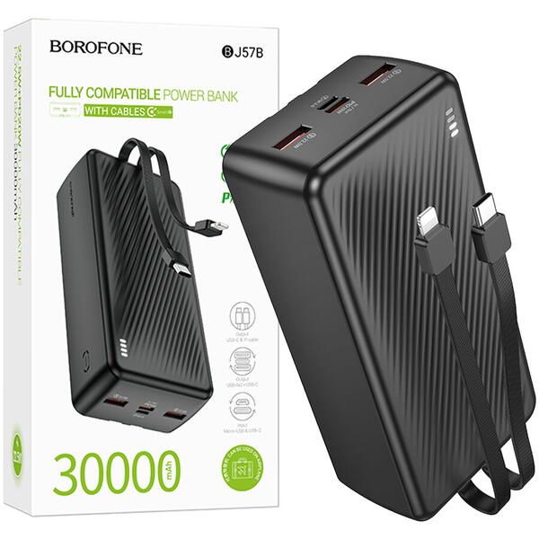 POWER BANK Borofone  BJ57B , 30000mAh, 22.5W, 2 x USB 1 x cablu USB Type-C, 1 x cablu Iphone Lightning, negru,  6941991116469  (timbru verde 0.98 lei)