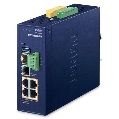 Planet Planet IVR-300FP Industrial 4-Port 10/100/1000T 802.3at PoE + 1-Port 10/100/1000T + 1-Port 1000X SFP VPN Security Gateway
